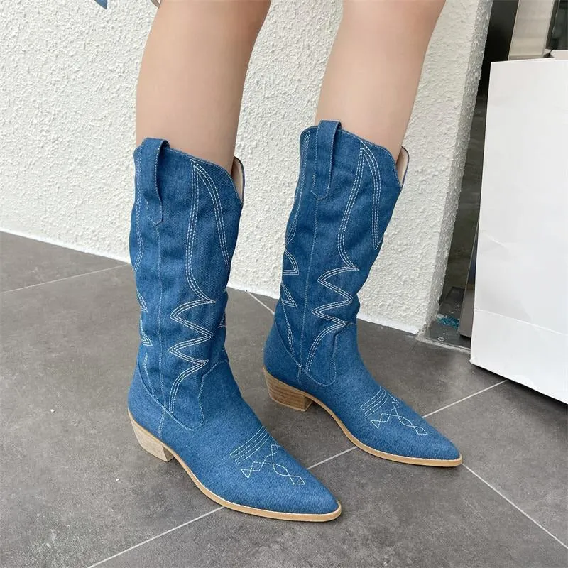 Retro Pointed Toe Chunky Embroidered Western Cowboy Boots