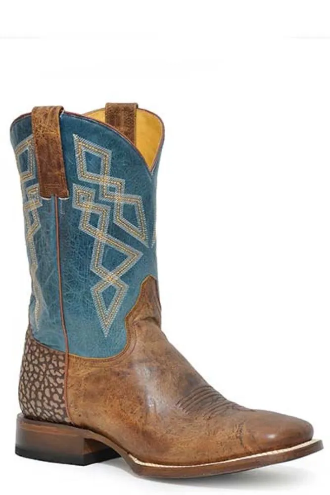 'Roper' Men's 11" Merritt Western Square Toe - Waxy Tan / Burnish Blue