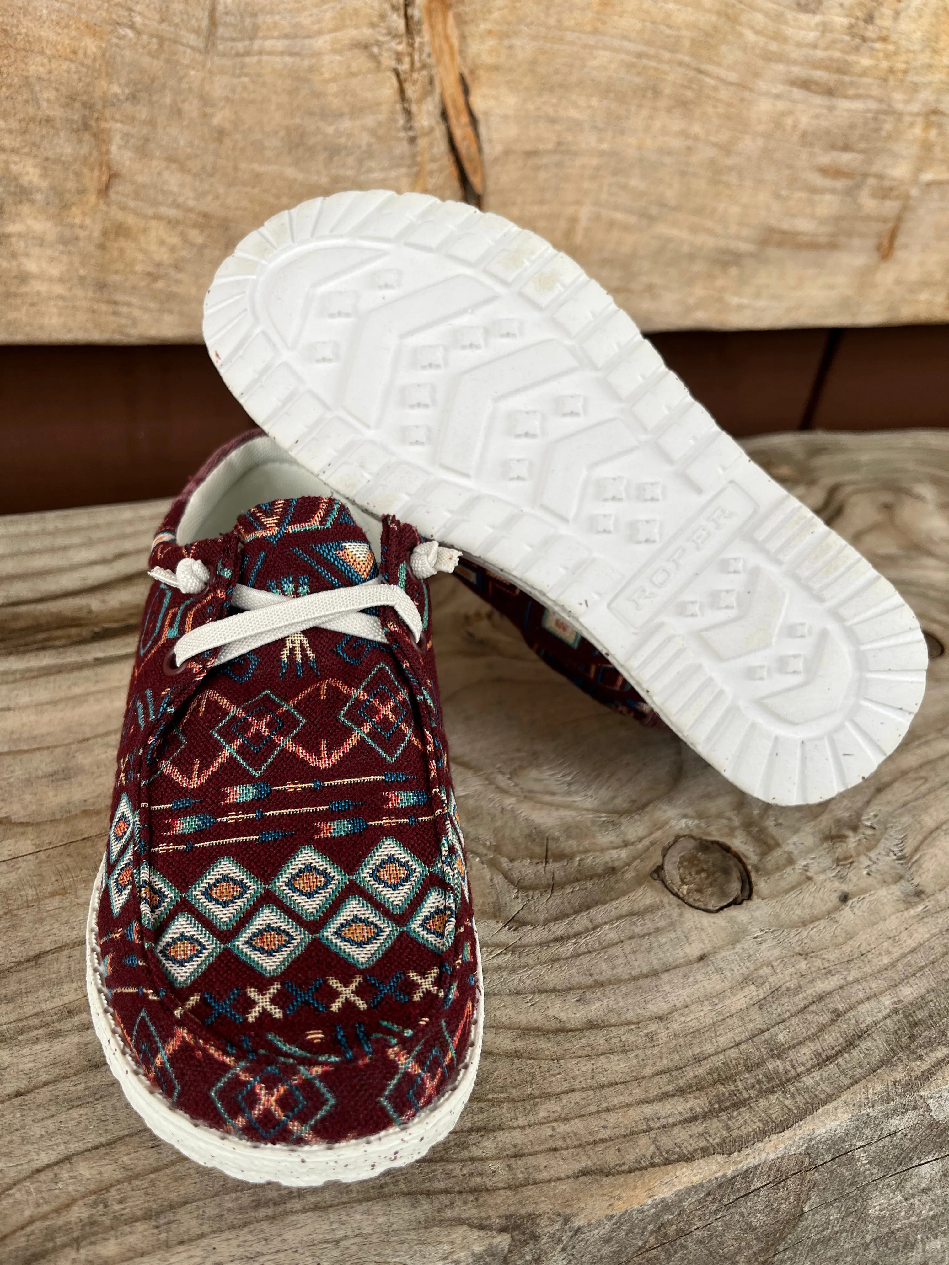 Roper Women's Eva Moc Red Wine Aztec Lace Up Hang Loose Shoe 1793-3077