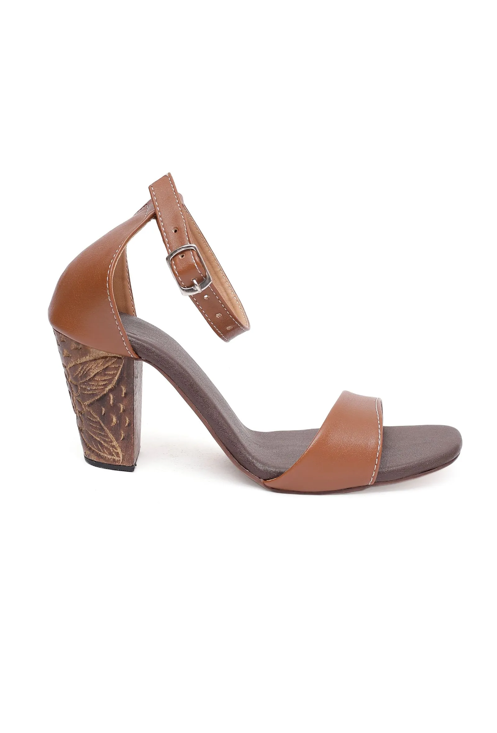 Rust Brown Wooden Carved Ankle Strap Heels