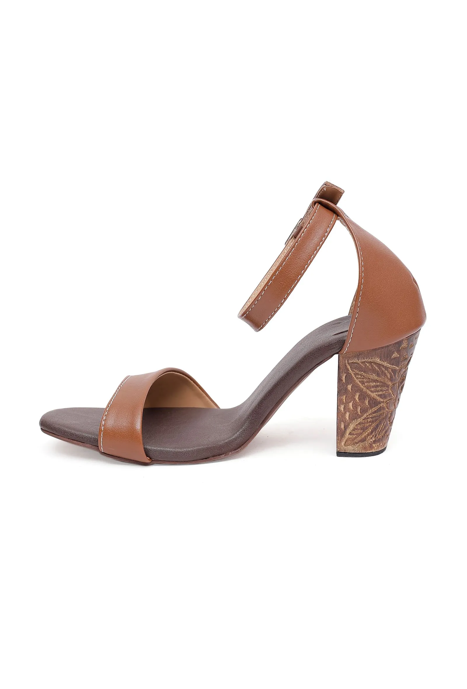 Rust Brown Wooden Carved Ankle Strap Heels