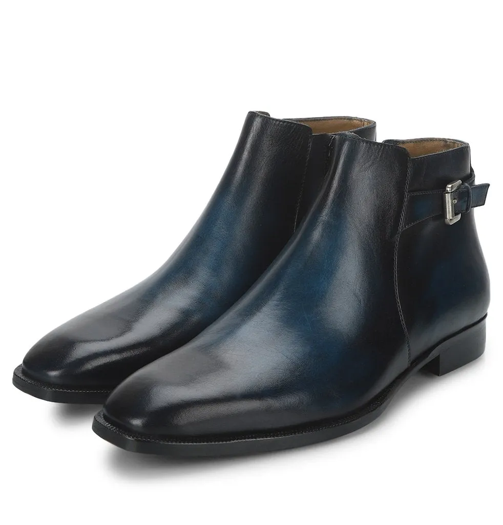 Saint Jace Dark Blue Two Color Toned Leather Ankle Boots With Set