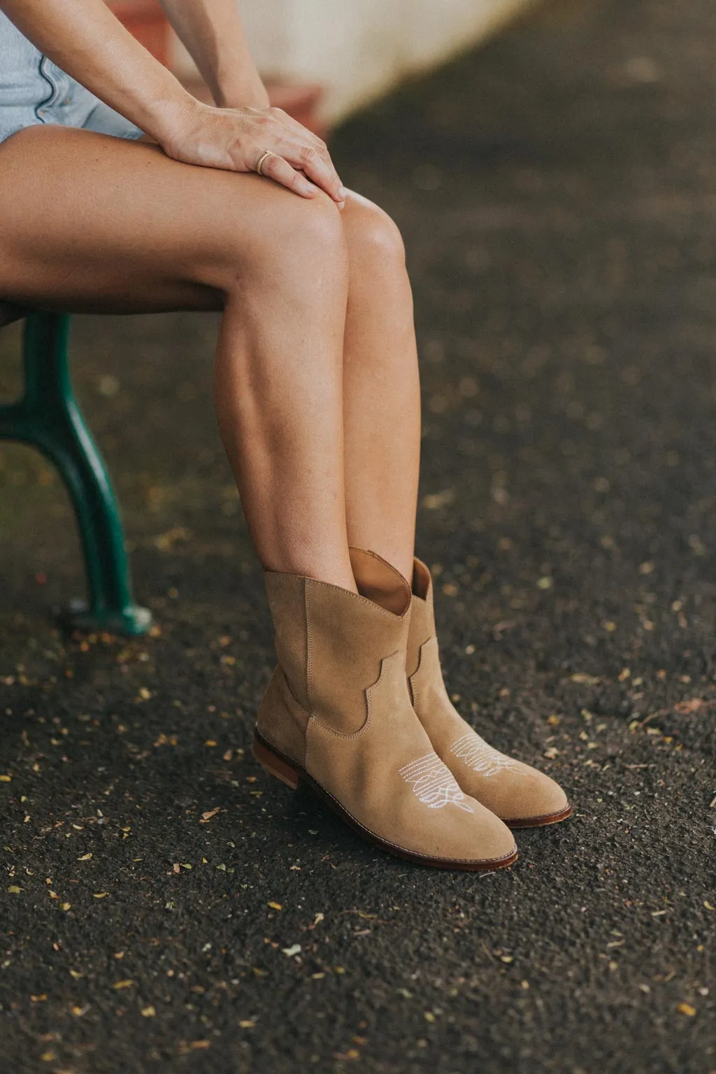 SECONDS - Daisy Round Toe Cowboy Ankle Boots - Brown Suede