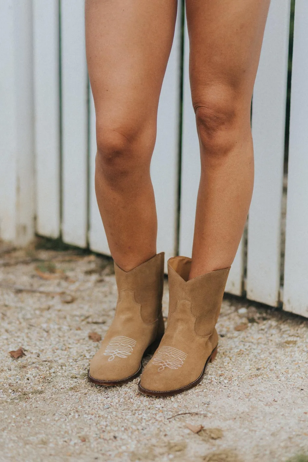 SECONDS - Daisy Round Toe Cowboy Ankle Boots - Brown Suede