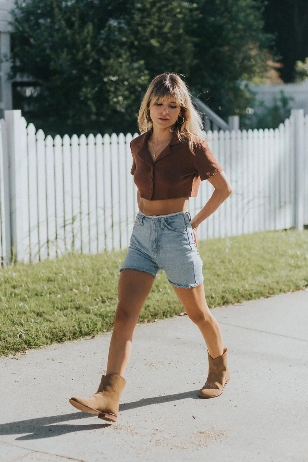 SECONDS - Daisy Round Toe Cowboy Ankle Boots - Brown Suede