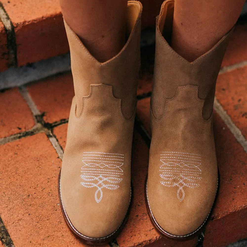 SECONDS - Daisy Round Toe Cowboy Ankle Boots - Brown Suede