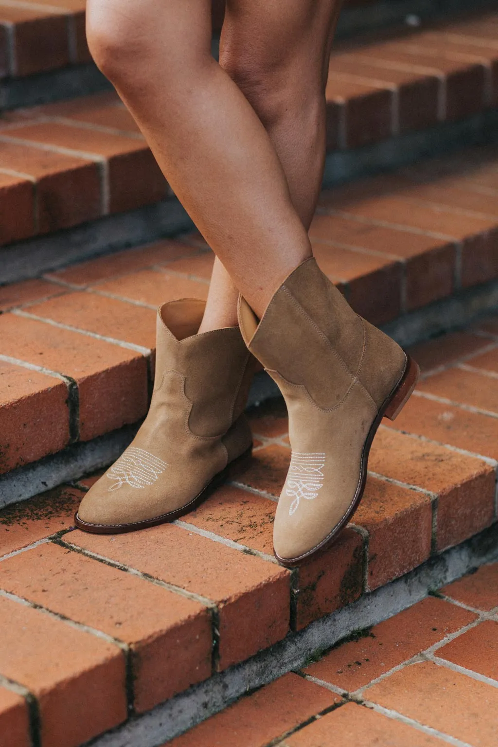 SECONDS - Daisy Round Toe Cowboy Ankle Boots - Brown Suede