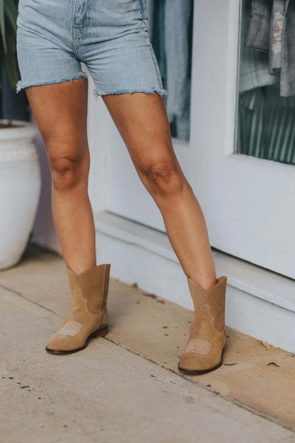 SECONDS - Daisy Round Toe Cowboy Ankle Boots - Brown Suede