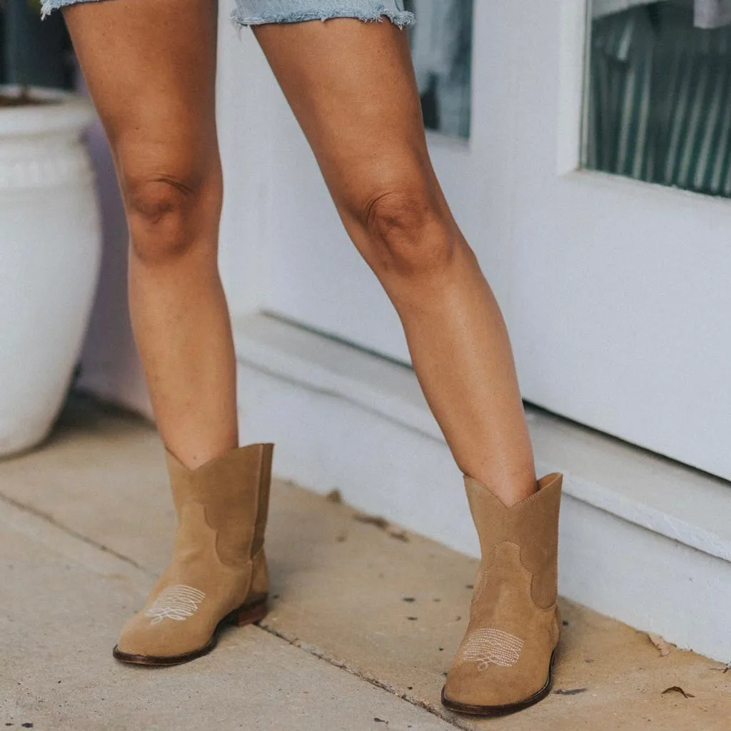 SECONDS - Daisy Round Toe Cowboy Ankle Boots - Brown Suede