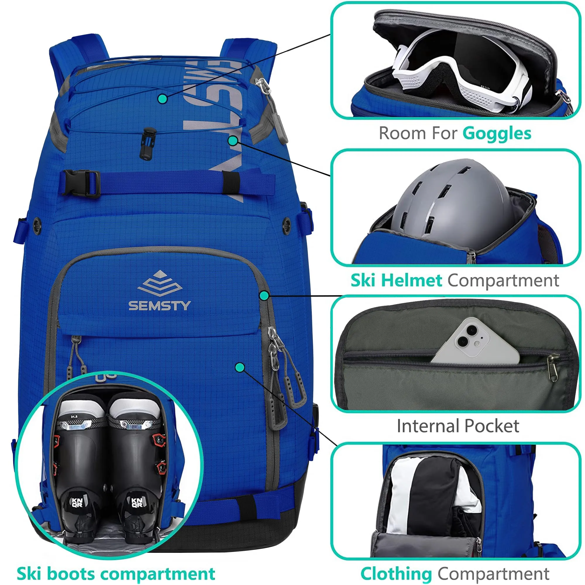 SEMSTY Ski Boot Bag, 55L Waterproof Ski and Snowboard Boots Travel Backpack for Skis, Snowboard, Ski Helmet, Goggles, Gloves & Accessories (Blue)