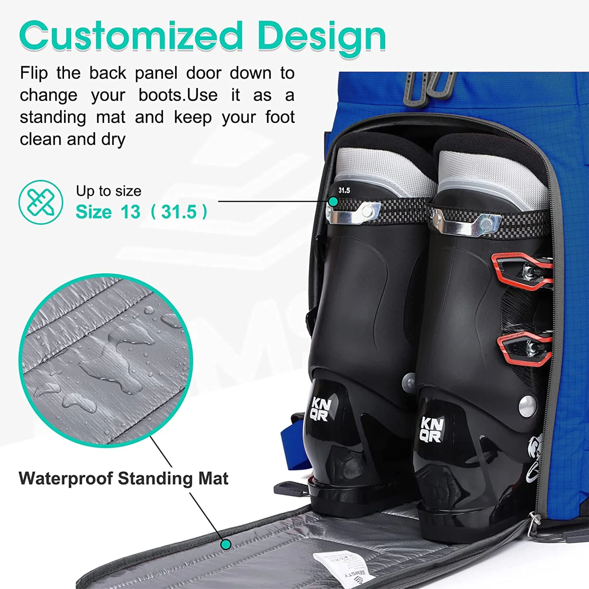 SEMSTY Ski Boot Bag, 55L Waterproof Ski and Snowboard Boots Travel Backpack for Skis, Snowboard, Ski Helmet, Goggles, Gloves & Accessories (Blue)