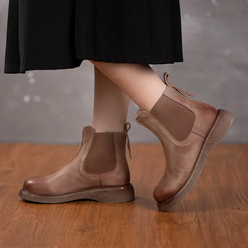 Soft Leather Flat Boots Elastic Band Ankle Boots Designer Chelsea Boots in Coffee/Black