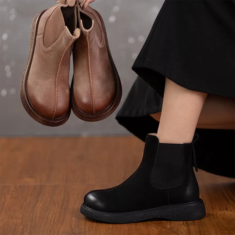 Soft Leather Flat Boots Elastic Band Ankle Boots Designer Chelsea Boots in Coffee/Black