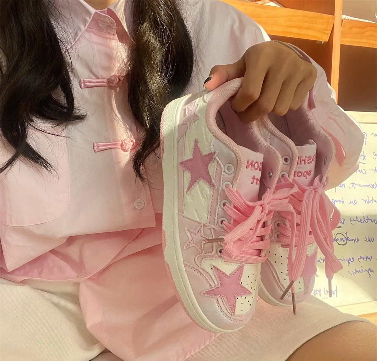 Soft Pink Pastel Stars Embroidery Cute Women Sneakers Sports Running Shoes