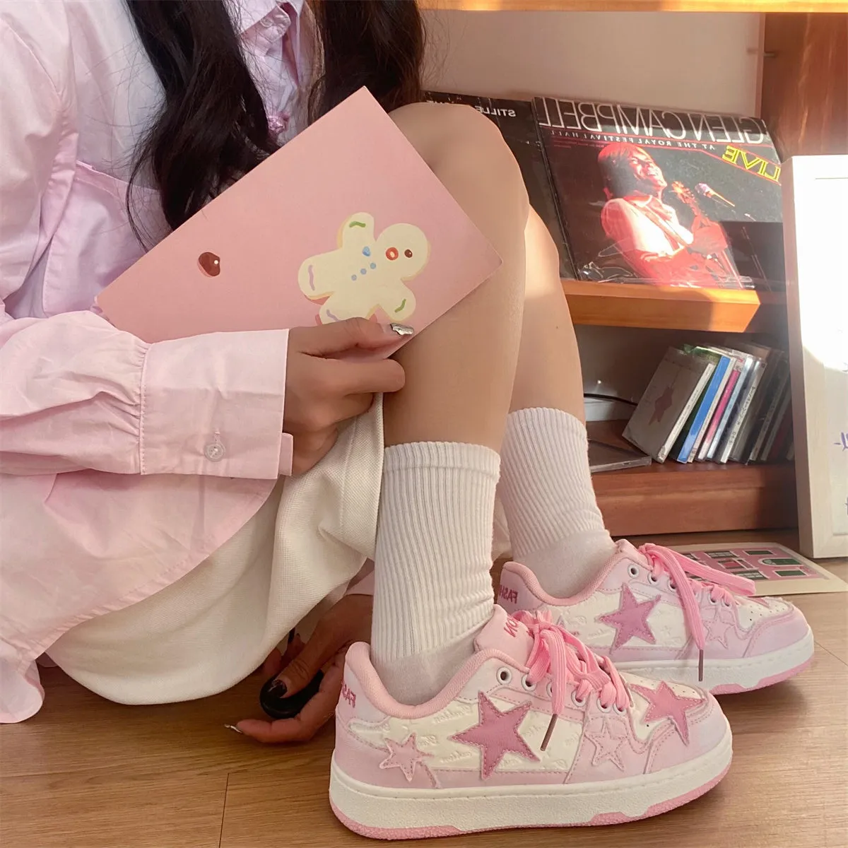 Soft Pink Pastel Stars Embroidery Cute Women Sneakers Sports Running Shoes