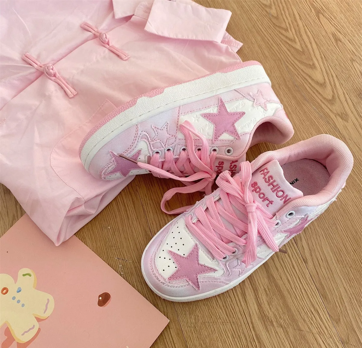 Soft Pink Pastel Stars Embroidery Cute Women Sneakers Sports Running Shoes