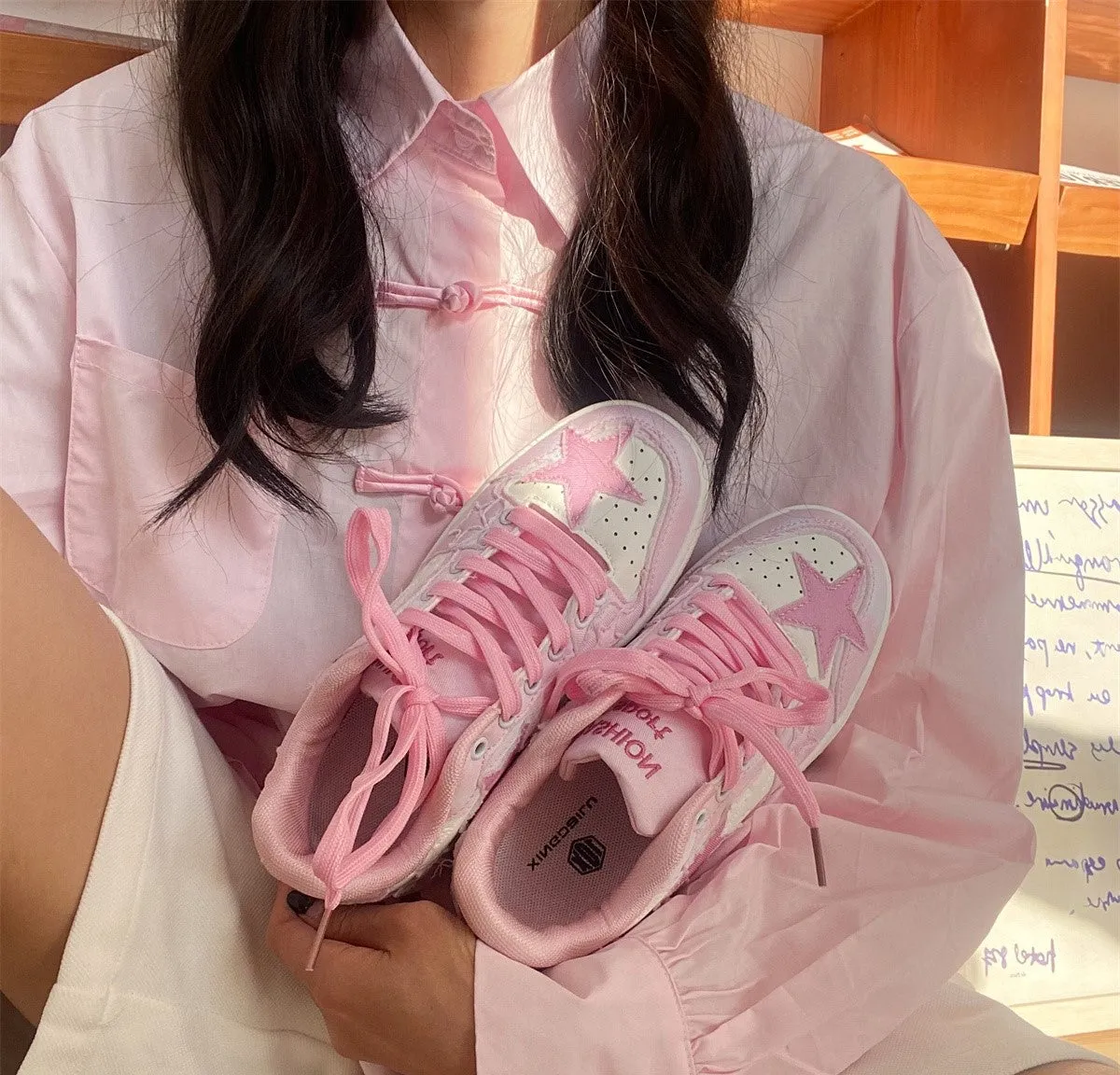 Soft Pink Pastel Stars Embroidery Cute Women Sneakers Sports Running Shoes