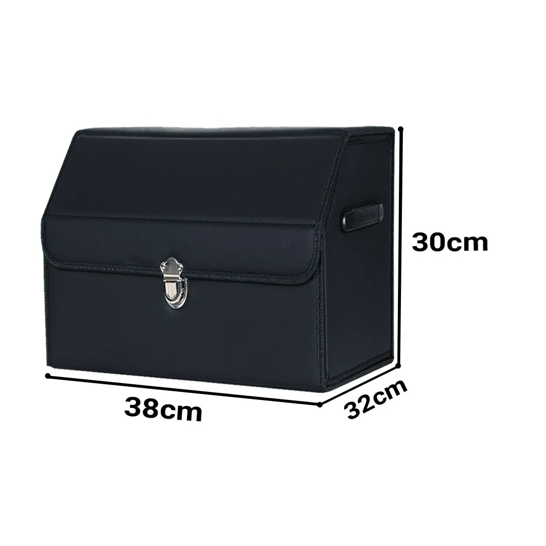 SOGA Leather Car Boot Collapsible Foldable Trunk Cargo Organizer Portable Storage Box With Lock Black Small