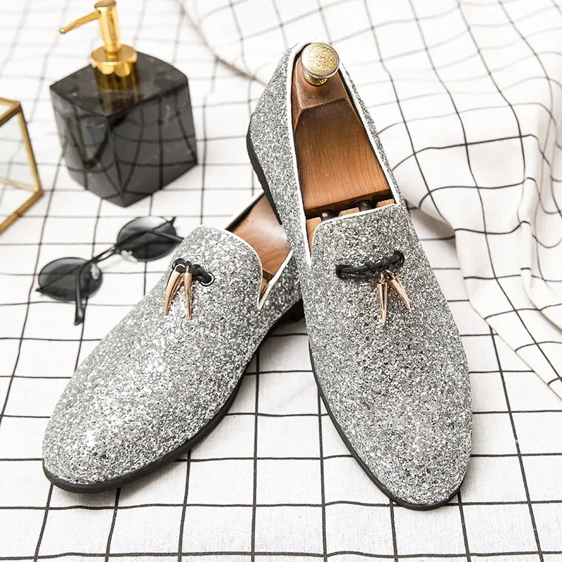 Sparkling Silvery Tassel Leather Loafers