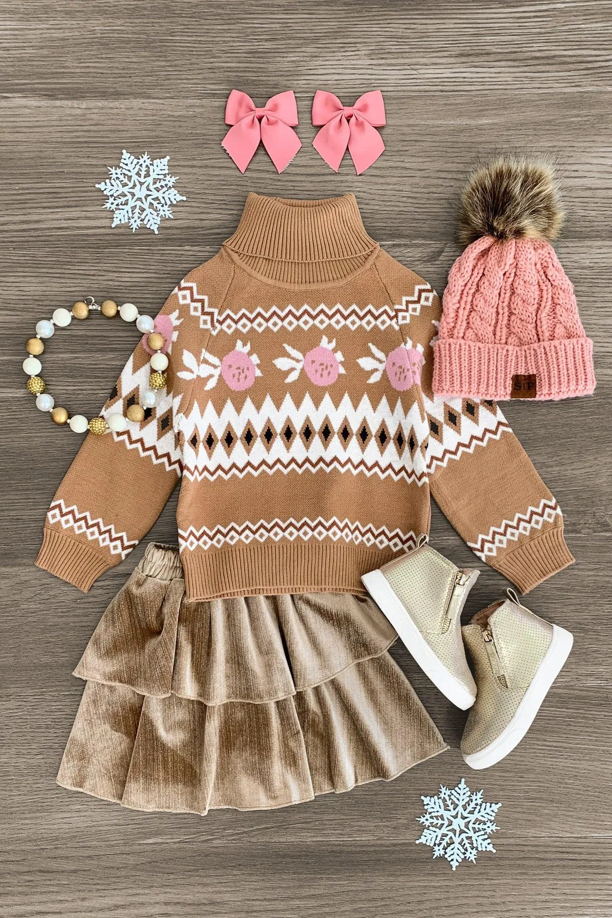 Tan Turtleneck Glitter Skirt Set