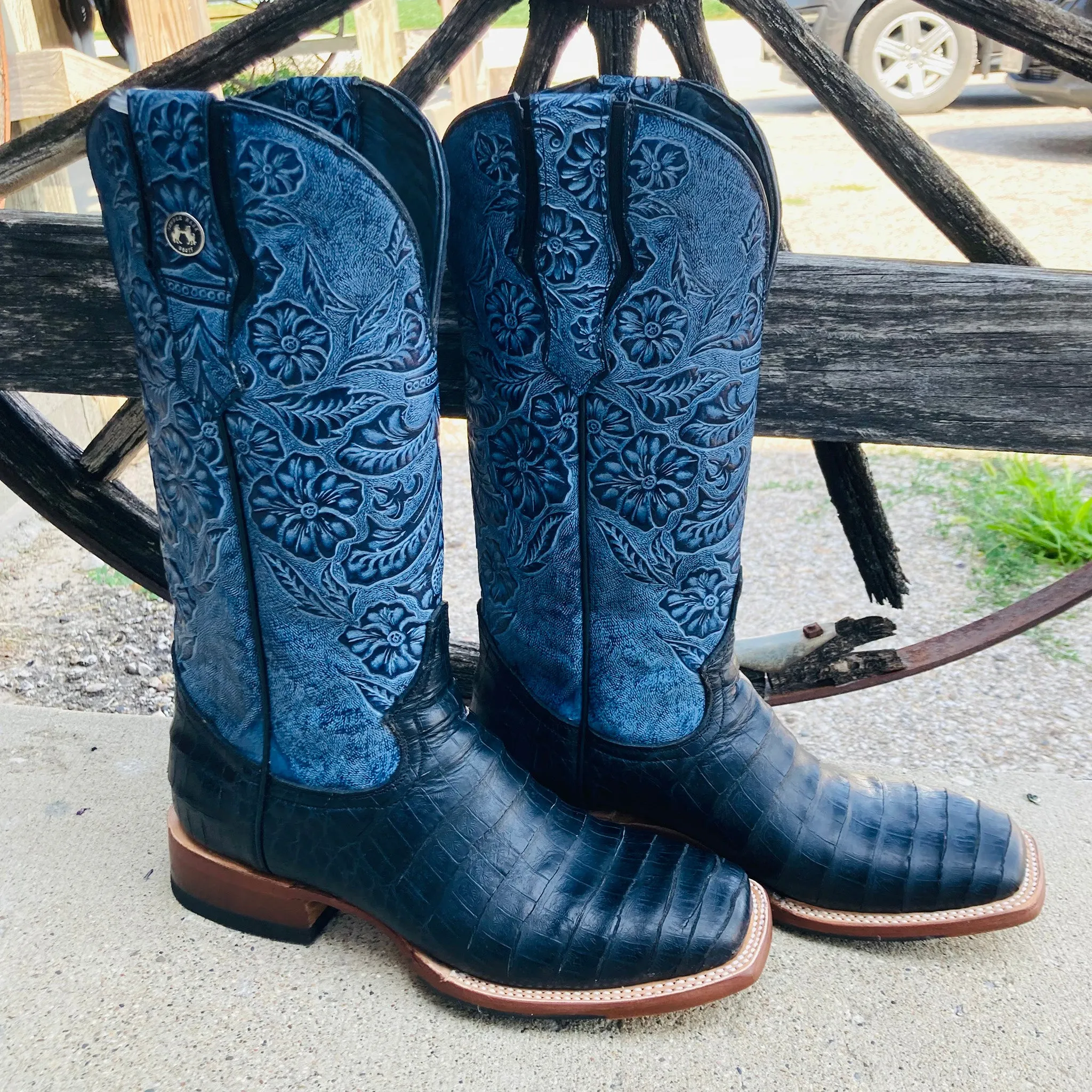 Tanner Mark Women's Black Caiman & Blue Square Toe Boots