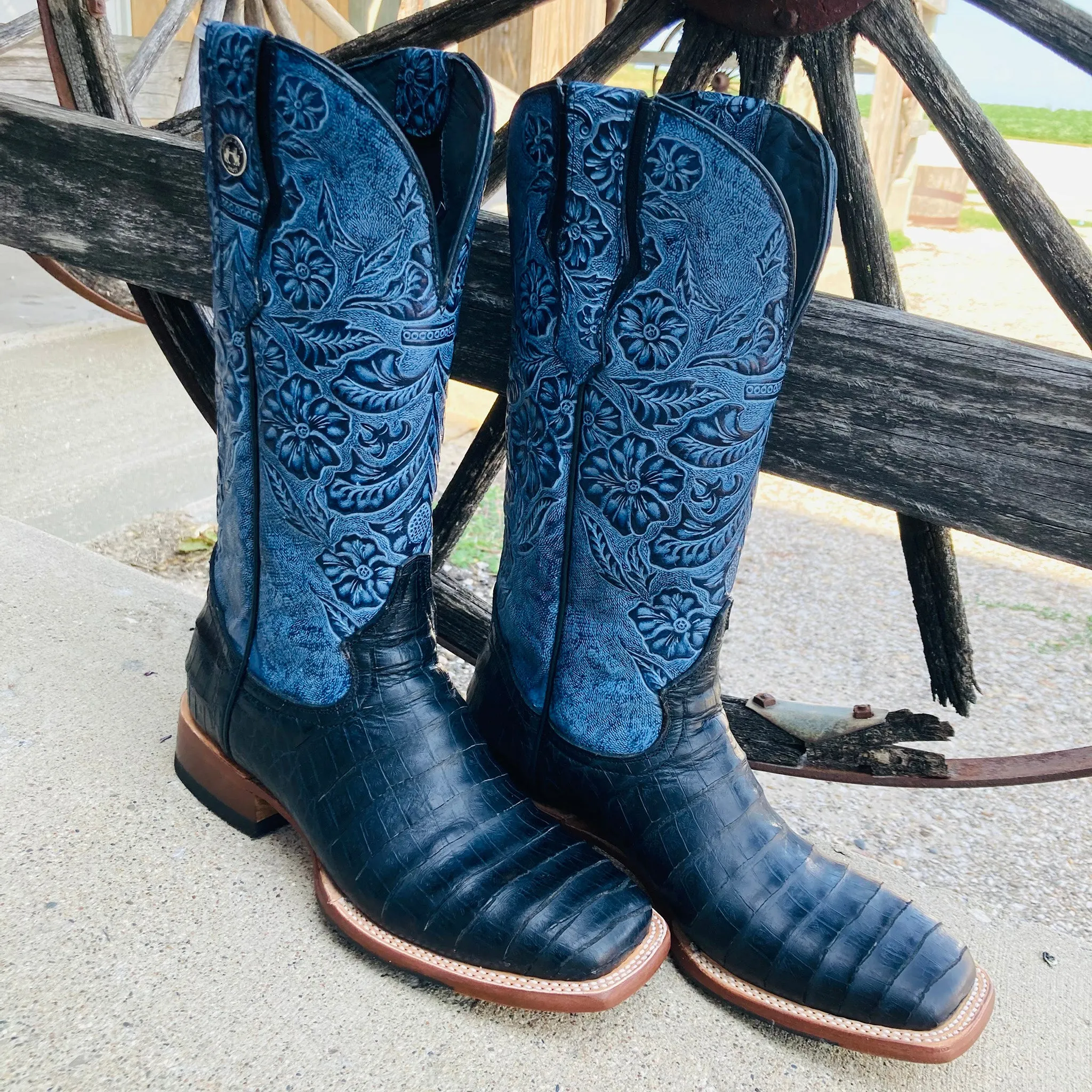 Tanner Mark Women's Black Caiman & Blue Square Toe Boots