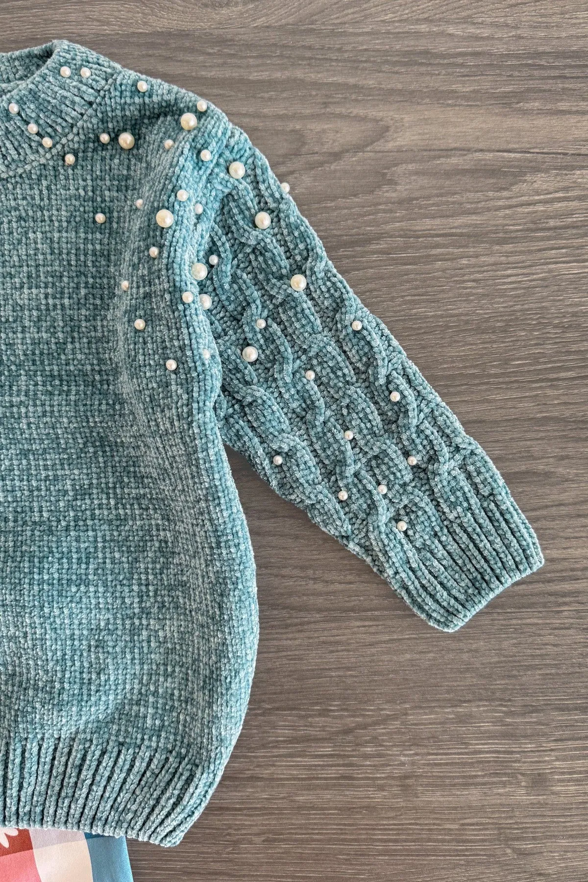 Teal Pearl Sweater Checkered Bell Bottom Set