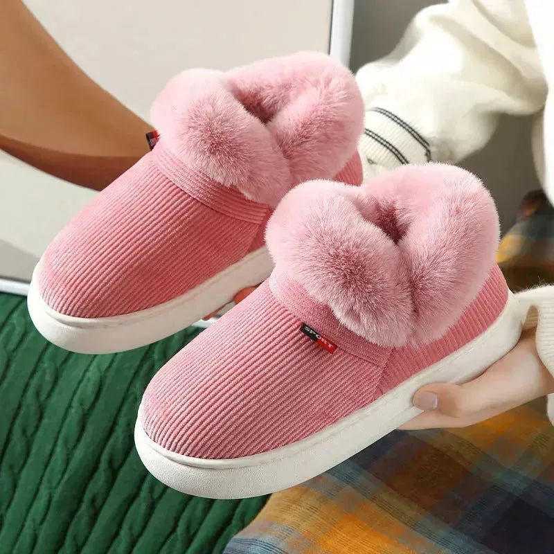 Winter Plush Cotton Shoes For Men And Women Cozy Fluffy Corduroy House Slippers Warm Slip On Fleece House Shoes