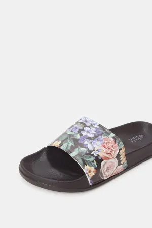 Women Black Floral Print Slide