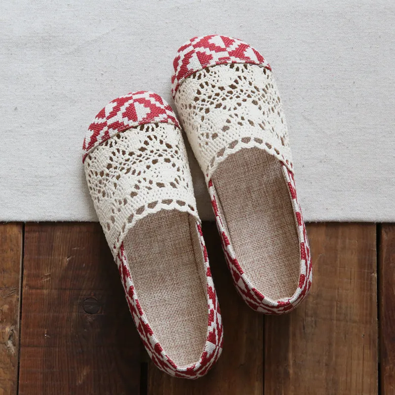 Women Retro Hollow Mesh Comfort Canvas Flats