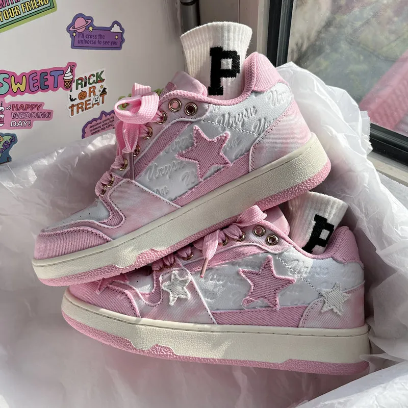 Women Sweet Cute White Pink  Star Sneakers Sports Running Shoes