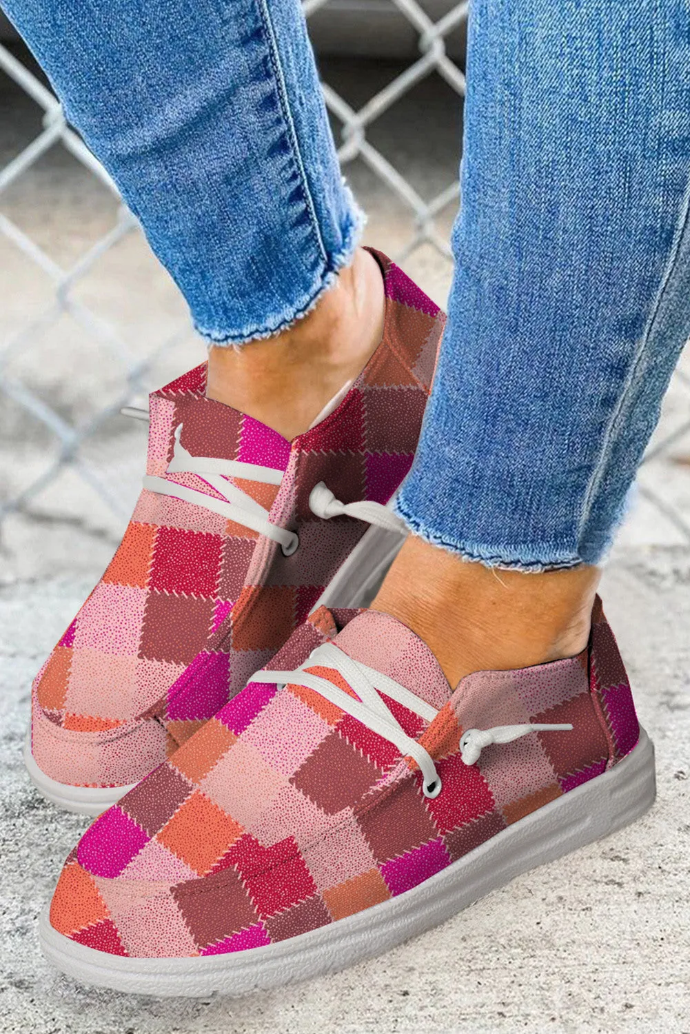 Women's Plaid Print Criss Cross Slip On Canvas Shoes