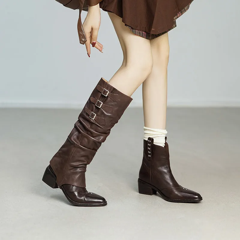 Women's Point Toe Block Heel Knee High Boots & Short Ankle Boots In Black/Brown/Khaki