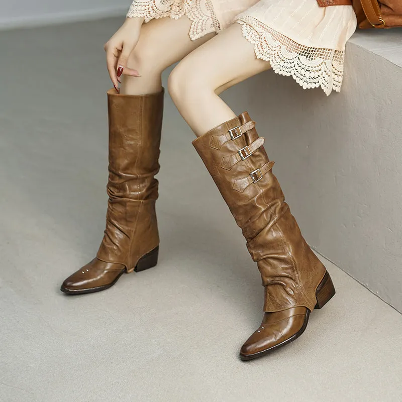 Women's Point Toe Block Heel Knee High Boots & Short Ankle Boots In Black/Brown/Khaki