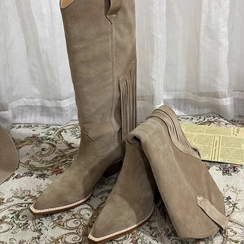 Womens Suede Leather Knee High Boots 65mm Block Heel Tassels Cowboy Boots In Khaki