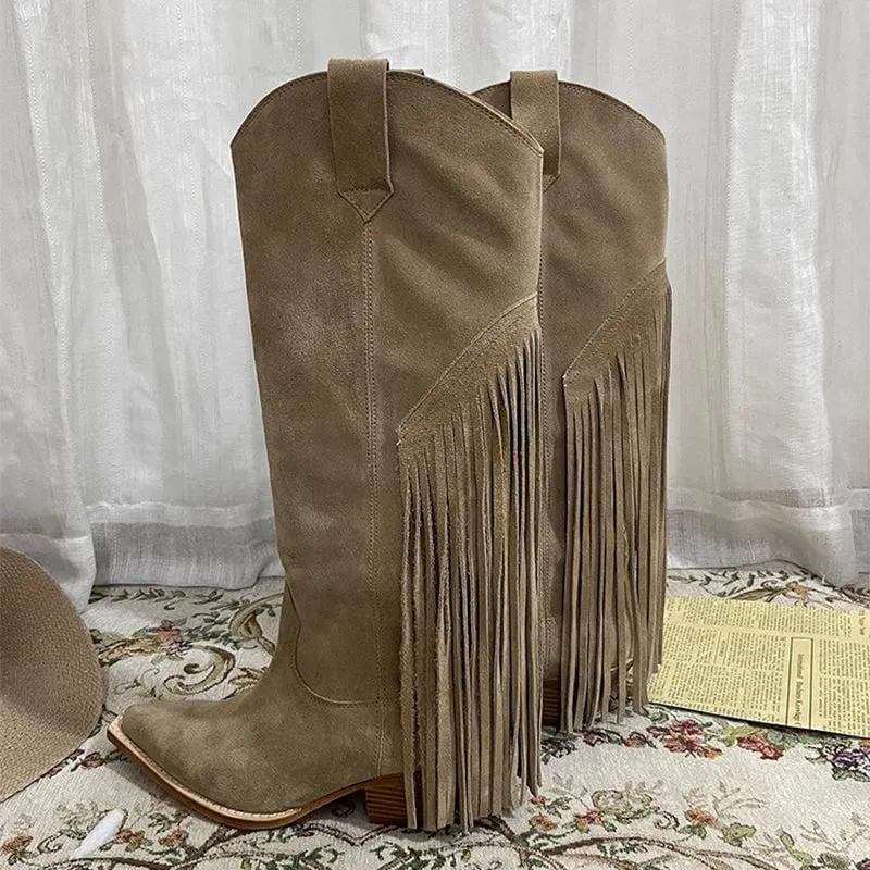 Womens Suede Leather Knee High Boots 65mm Block Heel Tassels Cowboy Boots In Khaki