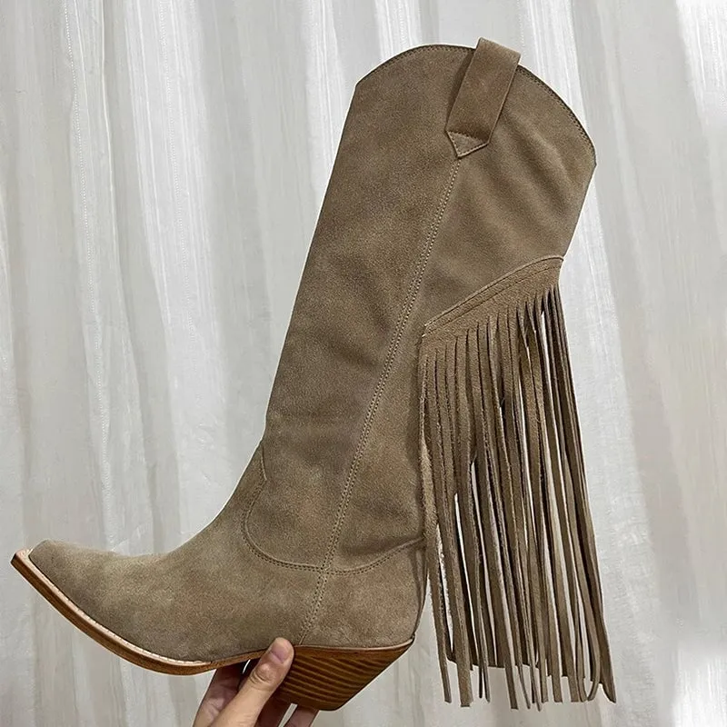 Womens Suede Leather Knee High Boots 65mm Block Heel Tassels Cowboy Boots In Khaki